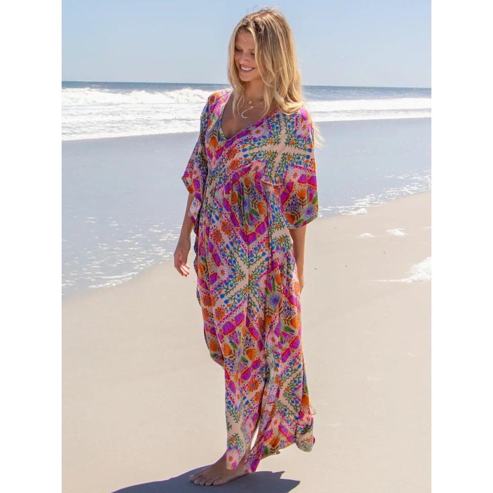 Natural Life Sanibel Kaftan Maxi Dress XS Floral Kaftan Smocked Waist V-Neck